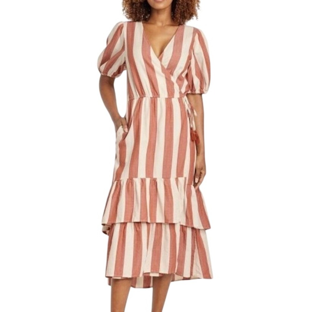 Knox Rose Rust Cream‎ Striped Puff Sleeve Tiered Midi Wrap Dress M Coastal Boho